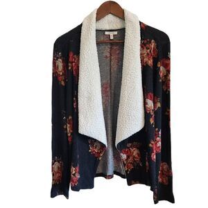 Maurices Cardigan Sweater Womens Small Sherpa Floral Black Fall Holiday